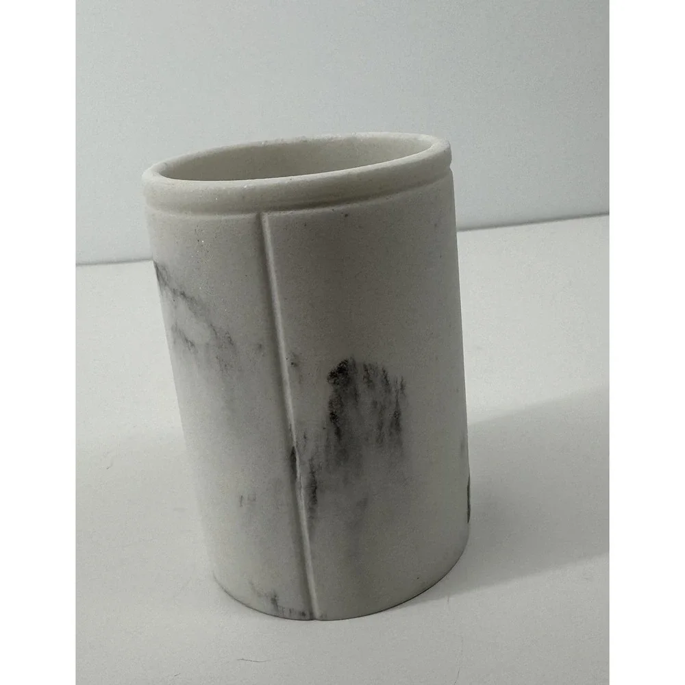 DKNY White Marble Bath Cup Vanity Brush Holder Desk Pencil Organizer Decor